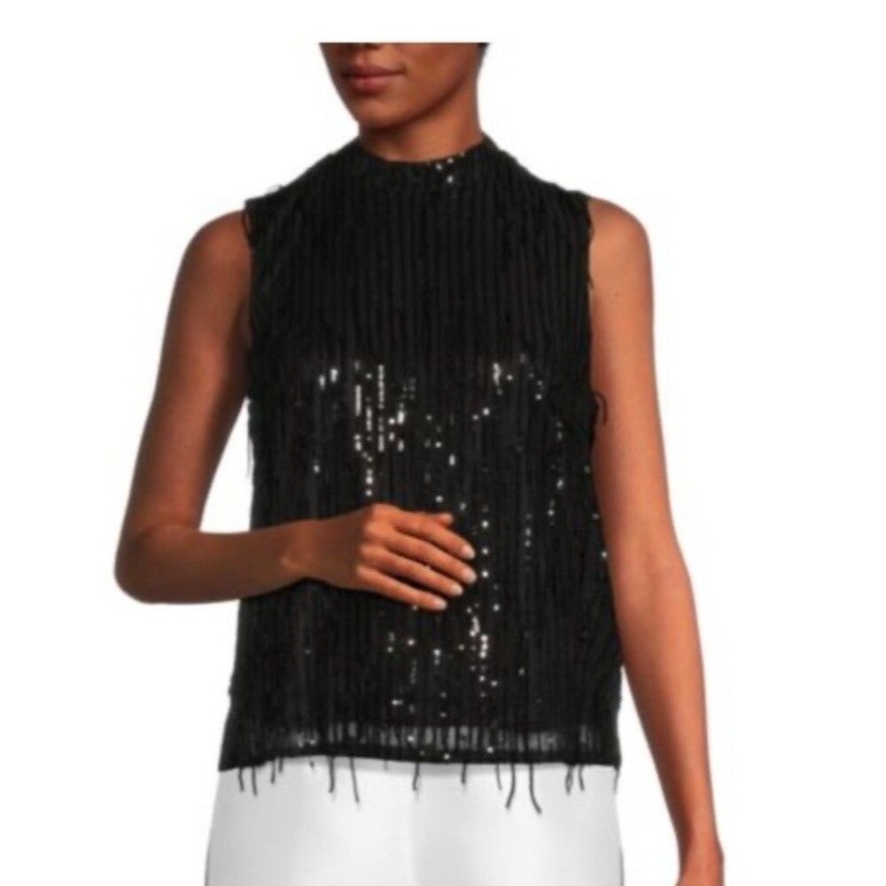 NWT Nanette leopard sequin fringe sleeveless tank sold out size M women black‎